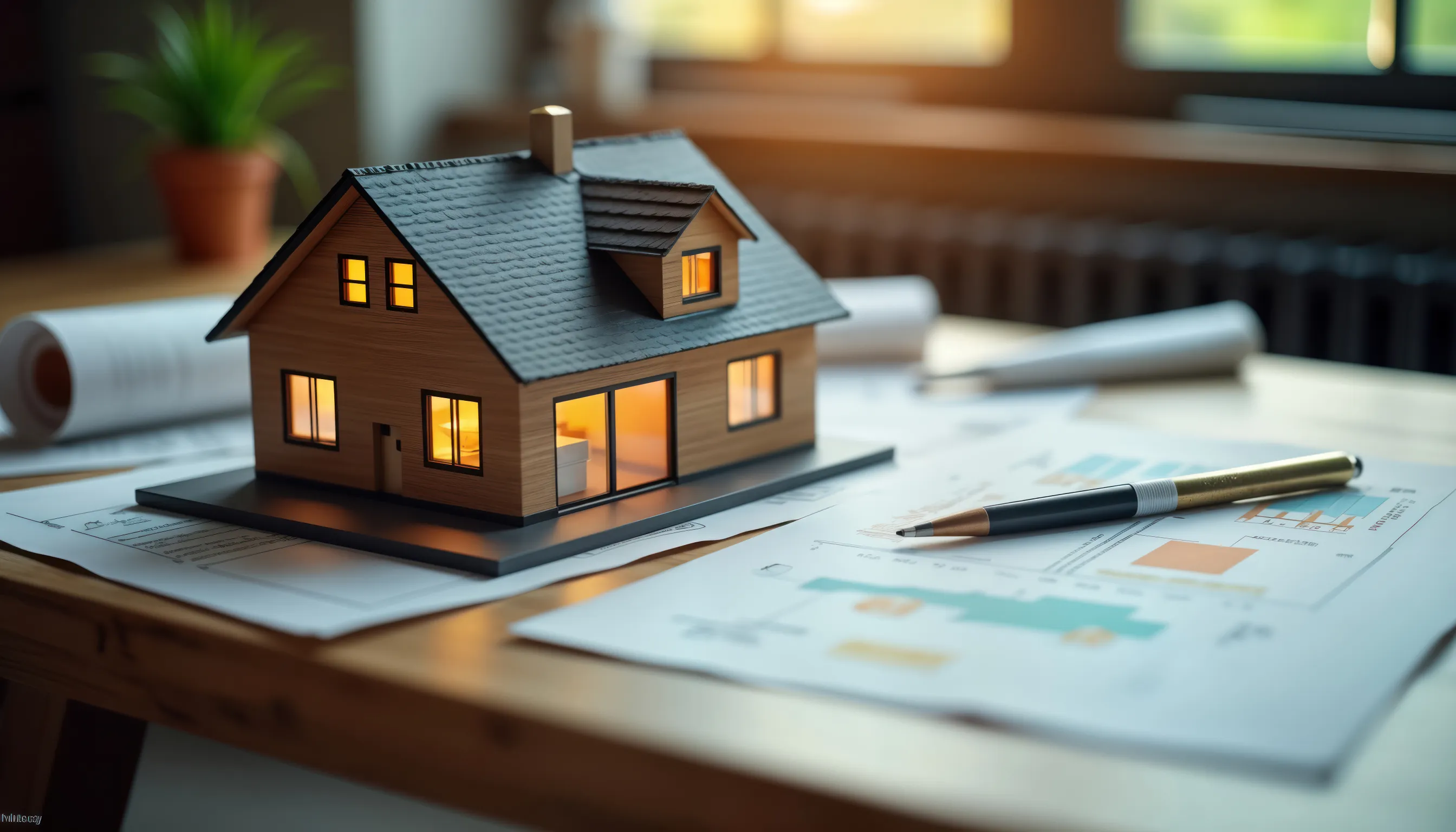 A miniature wooden house model placed on top of architectural blueprints and market charts, with a pen resting beside it under warm light.